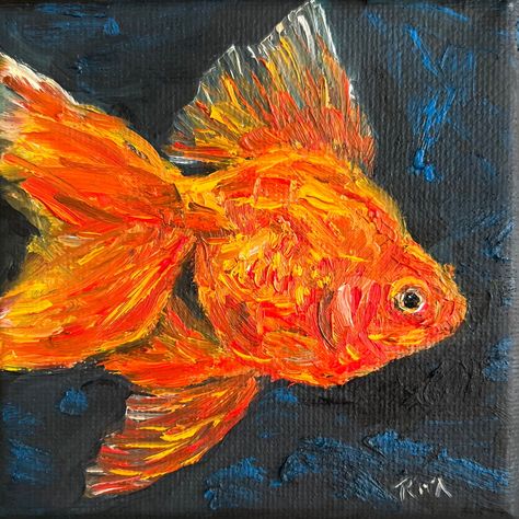 This mini oil painting features a charming orange goldfish set against a black background. The vibrant shades of orange bring the goldfish to life, creating a simple yet striking piece. Perfect for adding a touch of color and elegance to any small space, this humble artwork is sure to bring a smile to your face. Medium: Oil on Canvas Size: 10x10x1.8cm (4"x4") All of my artworks are original oil paintings and are signed by me. I draw inspiration for each piece from daily life or something that de Small Fish Painting, Painting Of Fish, Goldfish Art Painting, Goldfish Painting, Gold Fish Painting, Betta Fish Oil Painting, Goldfish Oil Painting, Goldfish Art, Art Mini Toile