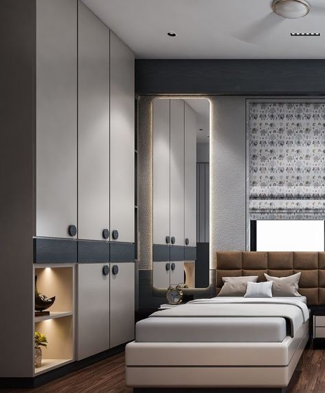 #ceilingideas #ceilinggoals #ceilingtiles #interiorstyling Bedroom With Grey Wardrobes, Almira Design, Room Palette, Hinged Wardrobe, Bedroom Ideas Luxury, Bedroom Design Modern, Wooden Wardrobe Design, New Ceiling Design, Abstract Tile