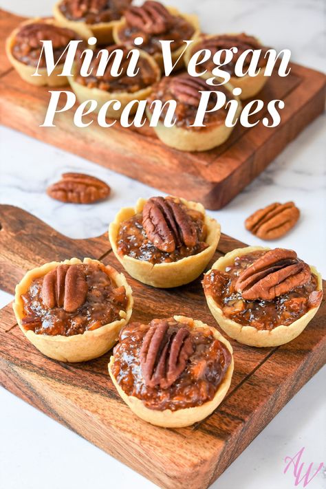 These Mini Vegan Pecan Pies are AMAZING, they have a buttery crust with a chewy and crunchy filling in one bite! The texture of the filling is amazing and egg-free! #vegan #pecanpie #easyrecipes Mini Vegan Pies, Vegan Mini Pecan Pies, Vegan Dessert Bites, Pecan Tarts Mini, Mini Pecan Pie, Pecan Tarts Recipe, Pecan Pie Tarts, Nye Ideas, 2023 Thanksgiving