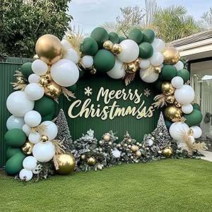 White Christmas Balloon Garland, Christmas Balloon Arch Ideas, Green And White Balloon Arch, White Gold Balloons, Christmas Balloon Arch, Christmas Balloon Garland, Christmas Party Table Decorations, Christmas Arch, Ward Christmas Party