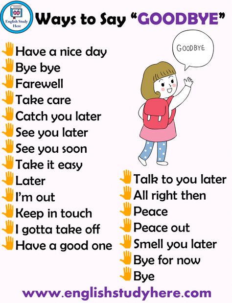 Different Ways Saying GOODBYE in English #apprendreanglais,apprendreanglaisenfant,anglaisfacile,coursanglais,parleranglais,apprendreanglaisfacile,leconanglais,apprentissageanglais,formationanglais,methodeanglais,communiqueranglais Reading Exercises, Bahasa Jepun, Teaching English Grammar, English Learning Spoken, Essay Writing Skills, Conversational English, English Vocab, Learn English Grammar, Interesting English Words