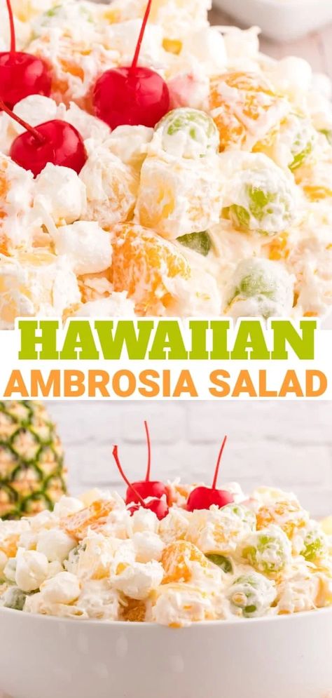 Hawaiian Salad Recipes, Creamy Fruit Salad Recipe, Hawaiian Fruit Salad, Hawaiian Side Dishes, Creamy Fruit Salad, Hawaiian Salad, Luau Party Food, Ambrosia Recipe, Fruit Salad With Marshmallows