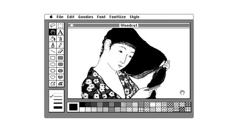 japanese woodcut image in original macpaint user interface. // Susan Kare began her career at apple, as the screen graphics and digital font designer for the original macintosh computer and was also one of the original employees of NeXT working as its creative director. she now works from her own office in san francisco. Next Computer, Susan Kare, Computer History Museum, Macintosh Computer, Intro Animation, Old Computer, Drawing Programs, 10 November, Shirt Inspiration