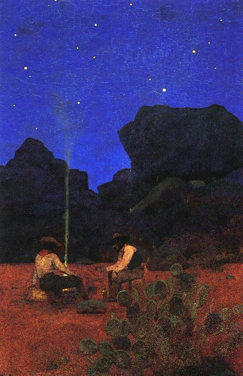 Night in the desert by Maxfield Parrish. From “The Great South West” by Ray Stannard Baker. The Century Magazine, c 1902 Maxfield Parrish, Western Artwork, West Art, Western Aesthetic, Cowboy Art, Baby Cowboy, In The Desert, Western Art, Arts And Crafts Projects