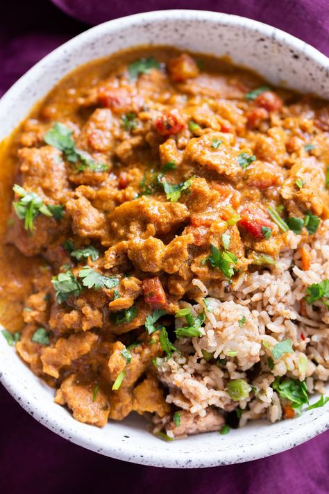 Instant Pot Vegan Coconut Chicken Curry with Soy curls Instant Pot Curry, Soy Curls Recipes, Coconut Chicken Curry, Instant Pot Vegan, Vegan Instant Pot, Serve Over Rice, Vegan Protein Recipes, Soy Curls, High Protein Vegan Recipes