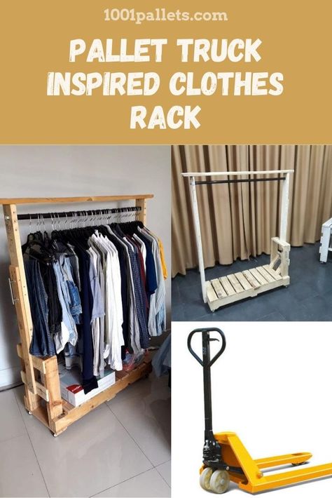 Quick to make, a moveable clothes rack with a difference, as it is inspired by a pallet truck. #ClothesRack, #PalletCoatRacksHangers, #RecyclingWoodPallets #PalletShelvesPalletCoatHangers Pallet Work Bench, Pallet Spice Rack, Cabin Garage, Wood Clothing Rack, Pallet Coat Racks, Pallet Shoe Rack, Pallet Door, Steel Bed Design, Shaker Style Kitchen Cabinets