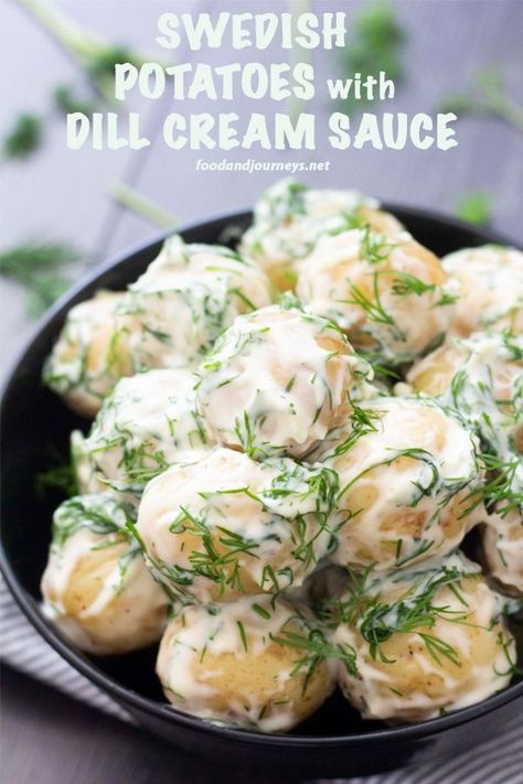 A potato side dish with a go-to dill recipe! Swedish Potatoes with Dill Cream Sauce is perfect for fish or grilled meat — all year round! Recipe | Traditional | Nordic | Swedish | Scandinavia.  #swedishrecipe  #authenticswedish #swedishcuisine #potato #dill #sidedish Nordic Recipes Healthy, Nordic Diet Recipes, Swedish Hygge, Swedish Potatoes, Potatoes With Dill, Nordic Recipes, Dill Cream Sauce, Nordic Diet, Swedish Cuisine