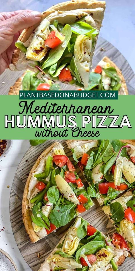 Pizza Without Cheese, Vegan Pizza Toppings, Mediterranean Hummus, Hummus Pizza, Mediterranean Pizza, Vegan Pizza Recipe, Vegan Feta Cheese, Pepper Plant, Spinach Tomato