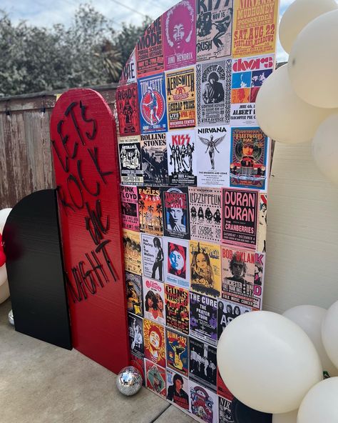 Rock And Roll Theme Photo Booth, Rocker Party Ideas, Bon Jovi Themed Party, Rock Band Party Decorations, 60th Rock And Roll Party, 80s Rock Decorations, Trunk Or Treat Rock And Roll, Rock And Roll Party Backdrop, 80s Rock Themed Party