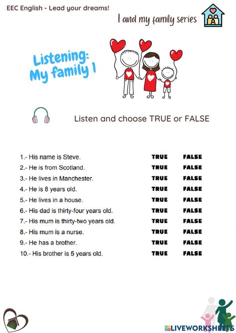 Listening Exercises For Kids, Listening Worksheets For Kids, Listening Comprehension Worksheets, Og Family Words Worksheet, En Family Words Worksheet, English Listening Practice, Daily Routine Activities, Listening Test, Reading Comprehension For Kids