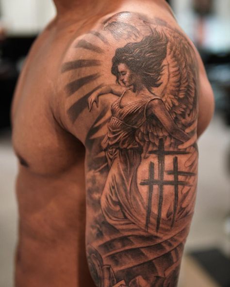 Angel Tattoo Men Shoulder, Angel Shoulder Tattoo Men, Shoulder Sleeve Tattoo Men, Best Shoulder Tattoos Men, Upper Shoulder Tattoo, Scroll Tattoos, Shoulder Tats, Cherub Tattoo, Angel Tattoos