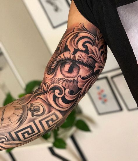 Inner Bicep Tattoo Ideas, Bicep Tattoo Ideas, Inside Bicep Tattoo, Bicep Tattoo Women, Realistic Eye Tattoo, Inside Of Arm Tattoo, All Seeing Eye Tattoo, Bicep Tattoo Men, Inner Arm Tattoos