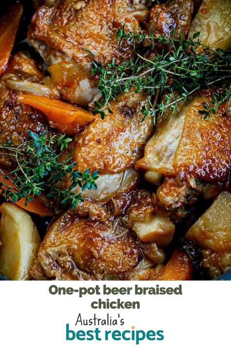 Beer Braised Chicken, Braised Chicken Recipes, Braised Chicken Thighs, Sunday Dinners, Braised Chicken, Pan Recipes, Thigh Recipes, Sunday Dinner, Chicken Thigh Recipes