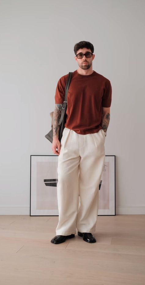 Men’s Pleated Pants Outfit, Beige Shirt Outfit Men, Cream Pants Outfit Men, Brown Shirt Outfit Men, White Shirt And Brown Pants, Beige Pants Outfit Men, Work Outfit Men, Beige Outfit Men, Brown Pants Outfit Men