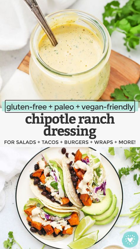 Chipotle Ranch Dressing or Dip - This smoky, slightly spicy ranch dressing is a delicious way to add some kick to your meals. Don't miss our big list of ways to use it! (Dairy-Free, Gluten-Free, Paleo + Vegan Friendly) // Dairy-Free Chipotle Ranch // Vegan Chipotle Ranch // Paleo Chipotle Ranch #ranch #paleo #vegan #dip Dairy Free Chipotle Ranch, Dairy Free Tacos, Taco Salad Dressing, Spicy Ranch Dressing, Dairy Free Dressing, Spicy Dressing, Homemade Salad Dressing Healthy, Spicy Ranch, Chipotle Ranch Dressing