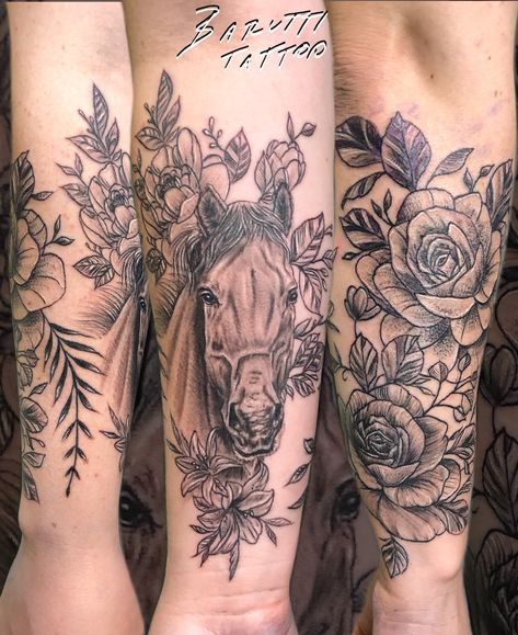 Country Arm Tattoos For Women, Horse Tattoo Sleeve, Memorial Horse Tattoo, Horse Tattoos For Women, Horse Memorial Tattoo, Horse Tattoo Ideas For Women, Western Tattoo Sleeve, Western Tattoos For Women, Western Floral Tattoo