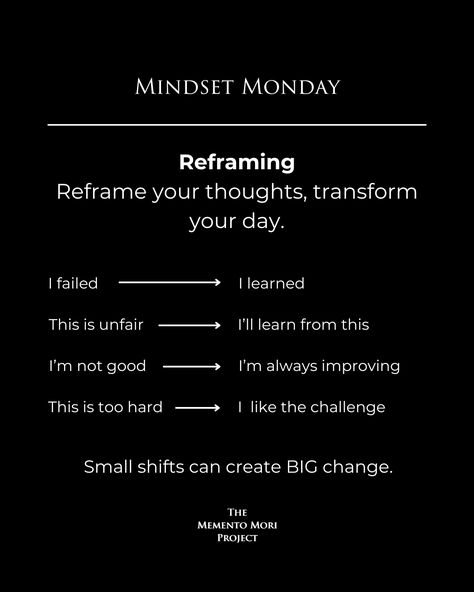 🧠Mindset Monday

Learning to reframe your thoughts is a skill necessary to grow your emotional intelligence. Turning a negative thought into a positive one will forever change the way you see the world. Reframe Thoughts, Reframing Negative Thoughts, Mindset Monday, Fixed Mindset, Inner Voice, Productivity Tips, Mgmt, Feeling Stuck, See The World