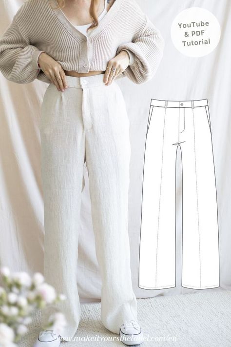 DIY High waist wide leg trousers Flare Pants Pattern, Flowy Trousers, Unique Sewing Patterns, Women Pants Pattern, High Waist Wide Leg Trousers, Diy Skirts, Marlene Hose, Diy Pants, Pants Sewing Pattern