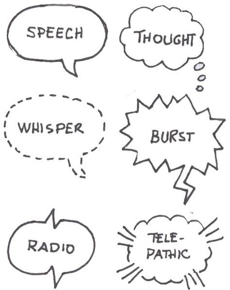 Sketch notes >> Varieties of speech bubbles. Thought, whisper, outburst, radio, telepathic. Different Types Of Speech Bubbles, How To Draw Speech Bubbles, Types Of Speech Bubbles, Speech Bubble Tutorial, Art Comics Illustration, Text Bubble Design, Speech Bubbles Design, Thinking Bubble Drawing, Comic Bubbles Template