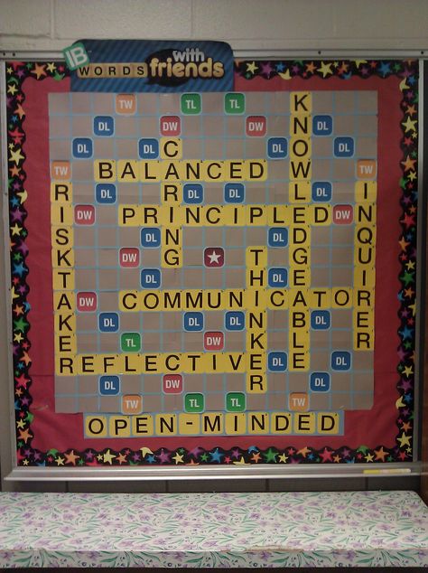 International Baccalaureate Learner Profile Words With Friends bulletin board that I created in my classroom. Words With Friends Bulletin Board, Ib Bulletin Board Ideas, Pyp Bulletin Board Ideas, Ib Classroom Decoration Ideas, Profile Words, Ib Bulletin Boards, Friends Bulletin Board, Cork Board Ideas, Ib Pyp Classroom