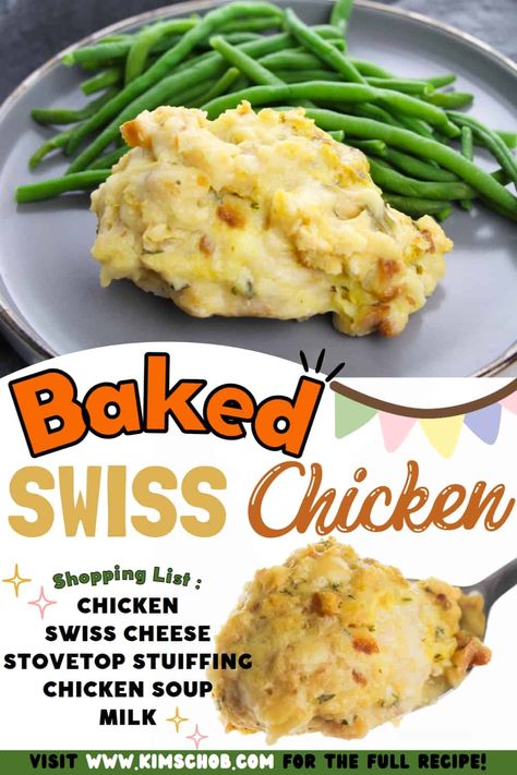 Swiss Chicken Supreme, Chicken Swiss Stuffing Casserole, Swiss Chicken Bake With Stuffing, Chicken Swiss Cheese Stuffing Casserole, Creamy Swiss Chicken, Quick Stuffing, Swiss Chicken Bake, Easy Baked Chicken Breast Recipes, Swiss Chicken