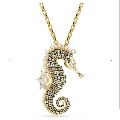 Dive Into Swarovski’s Underwater World With This Versatile Seahorse Jewelry. This Unique Piece Can Be Worn As A Brooch Or Pendant And Features A Marine Motif That Has Been Artistically Crafted With A Variety Of Swarovski Crystal Pearls, Clear Crystals, And Clear Swarovski Zirconia. Finished With Glimmers Of Gold-Tone Plating, Its Design Is Sure To Ignite Your Imagination. Wear It Any Time You Feel The Call Of The Sea. Article No.: 5684233 Collection: Idyllia Length (Minimum - Maximum): 25 5/8 - Seahorse Jewelry, Ken Ryuguji, Vintage Inspired Rings, Pink Watch, Silver Pearl Necklace, Bronze Necklace, Rose Gold Watches, Zodiac Jewelry, Clear Crystals