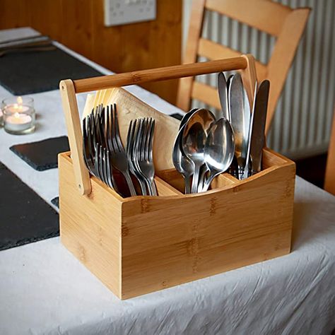 Bamboo Utensil Cutlery Holder | Bamboo Organiser |4 Compartments For Cutlery & Condiments | Easy Carry Drop-Down Handle | Kitchen Storage | M&W: Amazon.co.uk: Kitchen & Home Utensils Organization Ideas, Rustic Utensil Holder, Wooden Utensil Holder, Kitchen Bamboo, Cutlery Caddy, Bamboo Flatware, Utensil Organizer, Bamboo Utensils, Flatware Storage