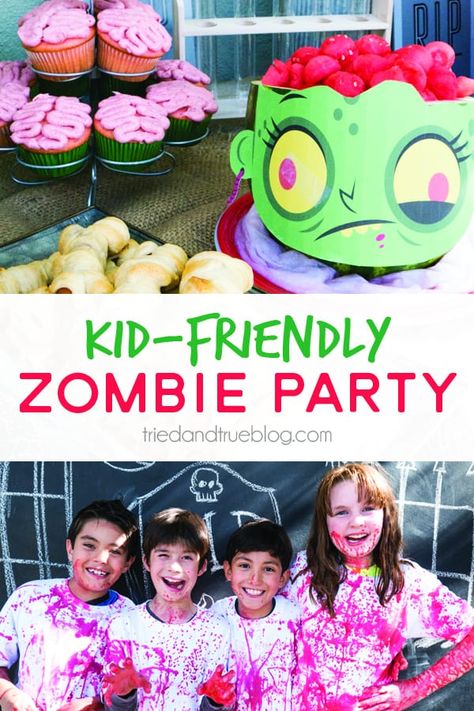 Halloween Zombie Party for Kids! - www.triedandtrueblog.com Zombies 3 Birthday Party Games, Apocalypse Party Ideas, Zombie Birthday Party Ideas, Zombies 3 Birthday Party, Zombie Party Ideas, Zombie Party Games, Kids Zombie Party, Zombie Party Food, Zombie Craft