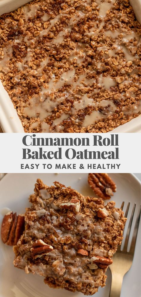 Soft, chewy and easy to meal prep, this Cinnamon Roll Baked Oatmeal is the perfect breakfast recipe. All the flavors of a gooey cinnamon roll mixed into a flavorful baked oatmeal. Stove Top Oatmeal, Cinnamon Roll Baked Oatmeal, Cooked Oats, Baked Oatmeal Vegan, Rolled Oats Recipe, Vegan Baked Oatmeal, Oatmeal Vegan, Simple Brunch, Vegan Brunch Recipes