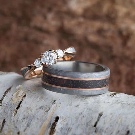 Rose Gold Wedding Ring Set, Rose Gold Wedding Ring Sets, Meteorite Wedding Rings, Gold Wedding Ring Set, Rose Gold Ring Set, Rose Gold Wedding Ring, Ring Rosegold, Antique Engagement Ring, Meteorite Ring