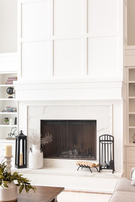 Modern Classic Fireplace Ideas, Woodwork Around Fireplace, Modern Craftsman Fireplace Ideas, Wainscoting Ideas Fireplace Wall, Fireplace With Wall Paneling, Timeless Fireplace Design, Panelled Walls Living Room Fireplaces, Cover Brick Fireplace, Two Story Fireplace Ideas