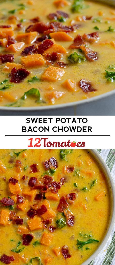 Sweet Potato Bacon, Bacon Chowder, Potato Bacon, Sweet Potato Soup Recipes, Potato Chowder, Bacon Soup, Potato Soup Recipe, Soup And Stew, Sweet Potato Soup