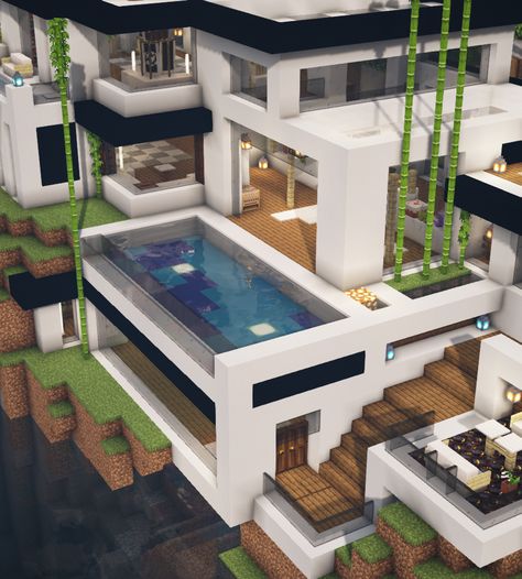 Minecraft Walkway Ideas, Pool In Minecraft, Minecraft House Decor, Modern House Minecraft, Modern Minecraft Houses, Rumah Minecraft Sederhana, Minecraft Mansion, Minecraft Structures, Modern Pool