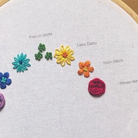 Cute Embroidery Flowers Easy, Flowers In Embroidery, Dainty Embroidery Flowers, Embroidered Jeans Pocket Flowers, Flower Stitch Pattern, Hand Stitch Flowers, Simple Flower Stitch, Satin Stitch Flower Hand Embroidery Tutorial, Flower Sewing On Clothes