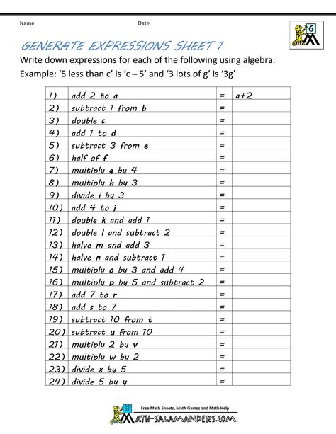 Algebraic Expressions Worksheet, Basic Algebra Worksheets, Consonant Blends Worksheets, Pre Algebra Worksheets, Number Sense Worksheets, Writing Expressions, Basic Algebra, 5th Grade Worksheets, Math Expressions