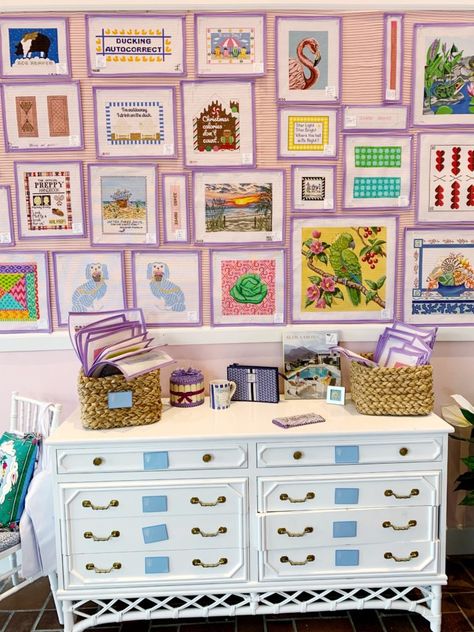 Needlepoint for Beginners: a Complete Starter's Guide | Carly A. Hill Cross Stitch Gallery Wall, Needlepoint Display Ideas, Preppy Cross Stitch, Cool Needlepoint, Needlepoint Gift Ideas, Framed Needlepoint Art, Needle Point Canvas, Hamptons Apartment, Needlepoint Storage