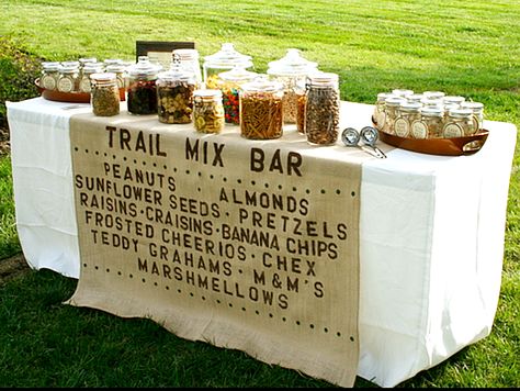 trail mix bar at your wedding...i think this would be good for the guys and kids (if any come).  :) Diy Wedding Buffet, Trail Mix Bar, Diy Wedding Magazine, Buffet Wedding Reception, Diy Wedding Food, Camping Birthday Party, Camping Parties, Wedding Buffet, Camping Birthday