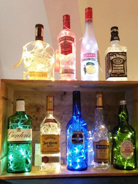 Light Up Liquor Bottles, Ideas For Liquor Bottles, What To Do With Old Liquor Bottles, What To Do With Liquor Bottles, How To Decorate Liquor Bottles, Alcohol Bottle Lights, Alcohol Bottles Decoration Ideas, Gin Bottles Upcycle, Old Bottles Decor