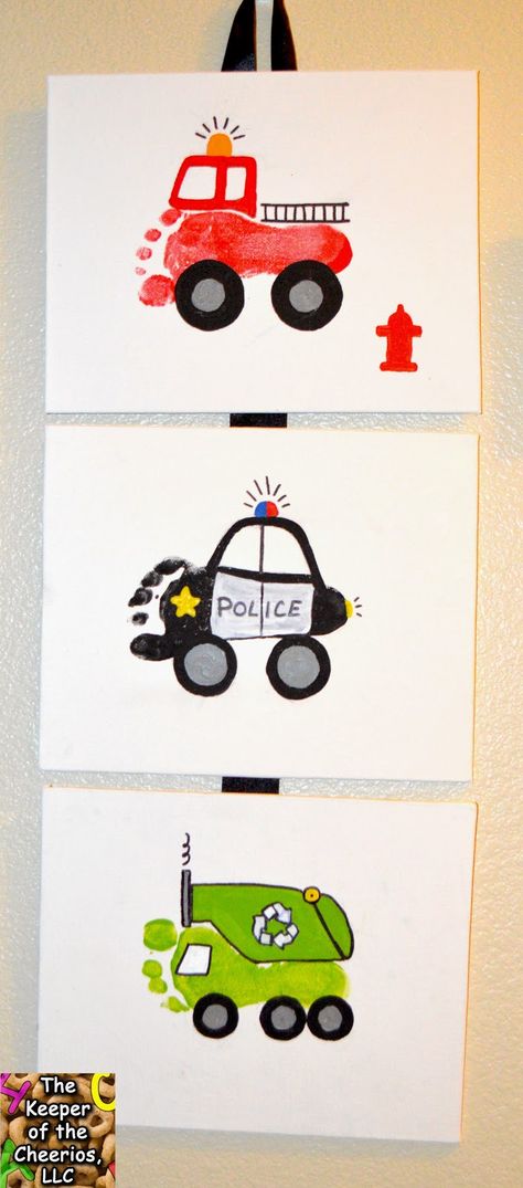 Workers in the Community Footprints I love these fun prints, I was inspired to do this set from the fantastic response i had from my Construction Site prints and the many requests I had from people to do more community job prints. Firetruck Footprint , Police Car Footprint and Garbage Truck Footprint. CHECK OUT MILITARY FOOTPRINT CRAFT HERE If you like these prints CLICK HERE for other fun hand and footprint ideas Cute Infant Crafts, Nicu Crafts, Carcase Iphone, Infant Room, Footprint Crafts, Footprint Art, Handprint Crafts, Daycare Crafts, Handprint Art