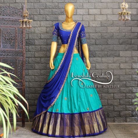 This Half saree can be customised in any size from the house of Kowshiki.⁠ Whatsapp us @ 812501875 / 7794944012 for order and queries..⁠ We have world wide shipping.⁠  #TraditionalHalfSaree #LehengaSet #HandworkBlouse #WorldwideShipping #DMToOrder #ElegantDesigns Half Saree Models, Half Saree Models Latest, Kerala Half Saree Designs, Kanchi Pattu Lehenga Half Saree, Kerala Half Saree, Blue Half Saree, Pattu Lehenga Half Saree, Traditional Half Saree Designs, Frocks For Women Party