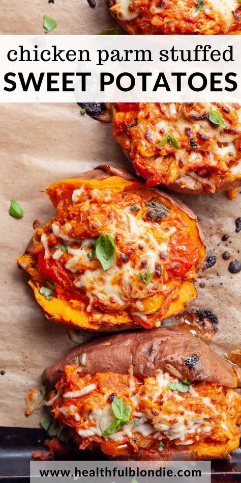 Healthy Chicken Parm Stuffed Sweet Potatoes Chicken Parm Sweet Potato, Ocean Alley, Healthy Chicken Parmesan, Stuffed Sweet Potatoes, Mom Recipes, Best Meal Prep, Chicken Parm, Healthy Food Blogs, Weeknight Dinner Recipe