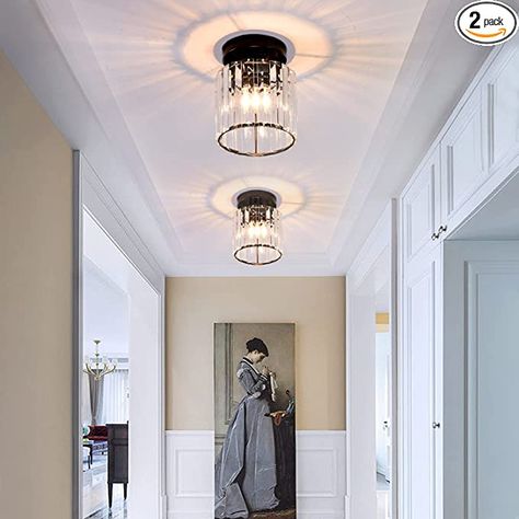 Set of 2 Crystal Chandelier Mini Semi Flush Mount Ceiling Light Fixtures Modern Flush Mount Industrial Indoor Lighting Fixture for Dining Room, Bedroom, Kitchen, Hallway, Living Room, Entryway - - AmazonSmile Indoor Foyer Ideas, Ceiling Lights Hallway Entrance Halls, Entryway Chandelier Low Ceiling, Entryway Lights Low Ceiling, Chandelier Small Living Room Low Ceiling, Upstairs Hallway Light Fixtures, Hallway Ceiling Lights Ideas, Landing Lighting Ideas, Living Room Chandelier Low Ceiling