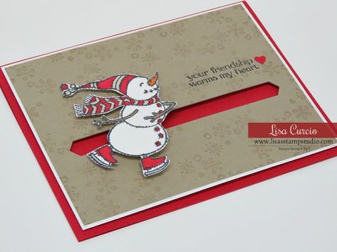 How to Make a Snowman Slider Card - Lisa's Stamp Studio Stampin Up Spinner Card Tutorial, Spinner Christmas Cards, Spinner Card Tutorial, Snowman Christmas Cards Diy, Stampin Up Slider Card Tutorial, Stampin Up Slider Cards, Snowman Magic Bundle Stampin Up Cards, Christmas Cards Handmade Stampin Up Ideas, Diy Slider Card