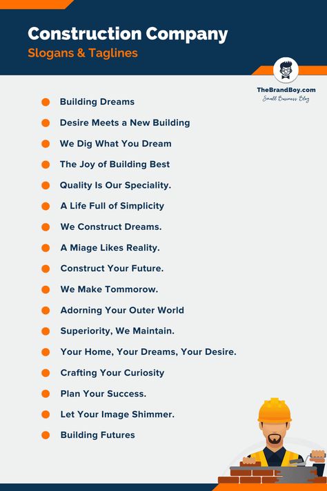 173+ Catchy Construction Company Slogans and Taglines Construction Company Post Ideas, Construction Slogans Ideas, Slogan For Construction Company, Construction Firm Names Ideas, Company Slogans Ideas, Construction Content Ideas, Construction Company Social Media, Business Slogans Ideas, Company Taglines