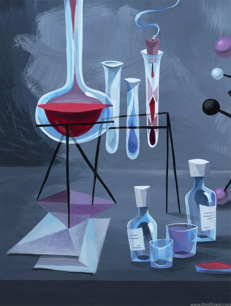 Laboratory Still Life by Don Shank Scientist Cartoon, Atomic Punk, Chemistry Posters, Chemistry Laboratory, Ancient Book, Chemistry Art, Crystal Room, Teaching Chemistry, Science Stickers