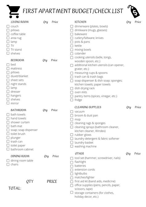 Grocery List Apartment, First Apt Checklist, First Apartment Furniture Checklist, First Move In Checklist, Move Out Budget First Apartment, Apartment Registry Checklist, Move In List First House, Lists For Moving First Apartment, First Apartment Pantry Checklist