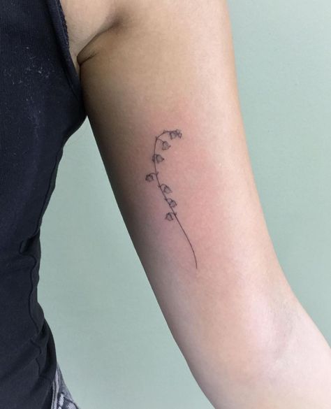 Subtle Tattoos With Meaning, Lily Of The Valley Tattoo Spine, Lillie Of The Valley Tattoo, Bluebell Tattoo, Leg Tats, Valley Tattoo, Lillies Tattoo, Cute Simple Tattoos, Horoscope Tattoos