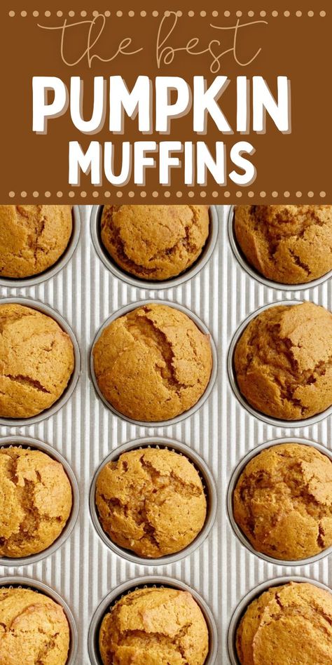 A picture of pumpkin muffins inside a muffin pan with a text overlay on top with the title of the recipe. Pumpkin Muffins No Butter, Easy Pumpkin Muffins Simple, The Best Pumpkin Muffins, Muffin Recipes Pumpkin, Healthy Pumpkin Muffins Easy, Pumpkin Bread Muffins, Healthy Pumpkin Muffins, Pumpkin Oatmeal Muffins, Best Pumpkin Muffins