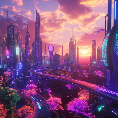 🌆 Explore a Stunning Futuristic Cityscape with Drones and Bioluminescent Plants! This vibrant city features sleek architecture, hovering parks, and glowing flora, all set against a mesmerizing sunset. A perfect blend of innovation and nature! ✨ #FuturisticCity #BioluminescentBeauty #DroneLife #midjourney Futuristic Cityscape, Futuristic World, Futuristic City Utopia, Purple City, Futuristic City, Bright Stars, Beautiful Pictures, Cityscape, Solar