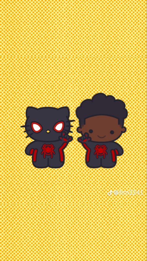 Miles Morales And Hello Kitty, Hello Kitty And Miles Morales, Miles Morales Hello Kitty, Chibi Miles Morales, Atsv Wallpaper, Walpapers Cute, Miles Spiderman, Funko Pop Dolls, Spiderman Drawing